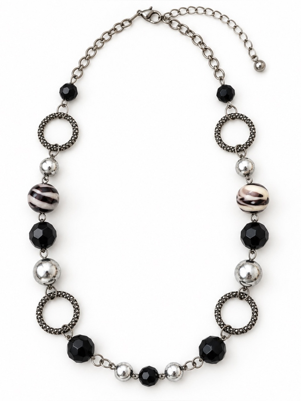 Black Silver Beaded Statement Necklace Geometric Circle Links Adjustable